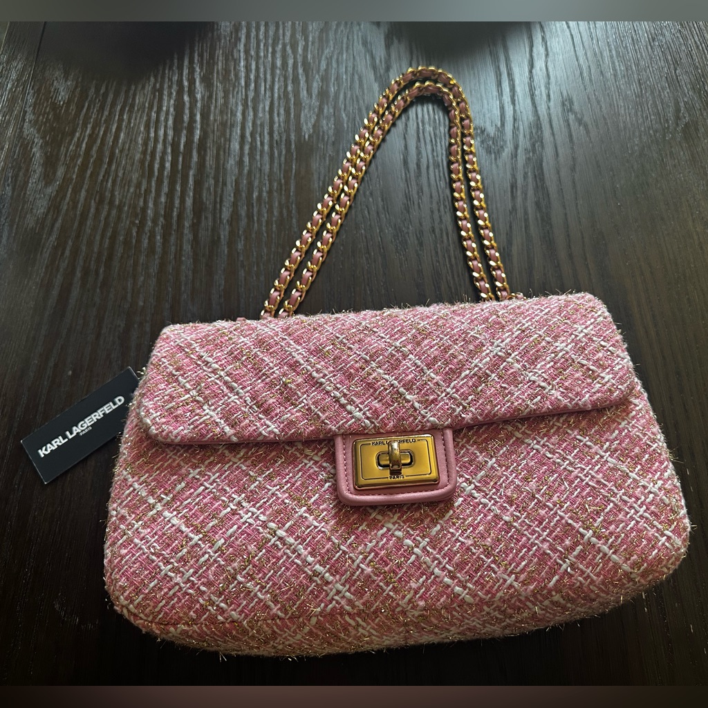 Karl Lagerfeld Paris Baby Pink Agyness Tweed Large Purse